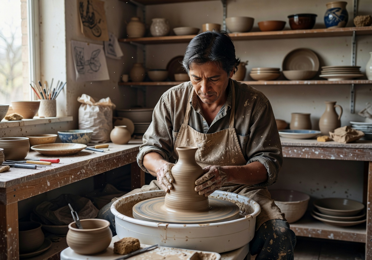 Artisan shaping clay on a pottery wheel in the Radar Team Hideot studio