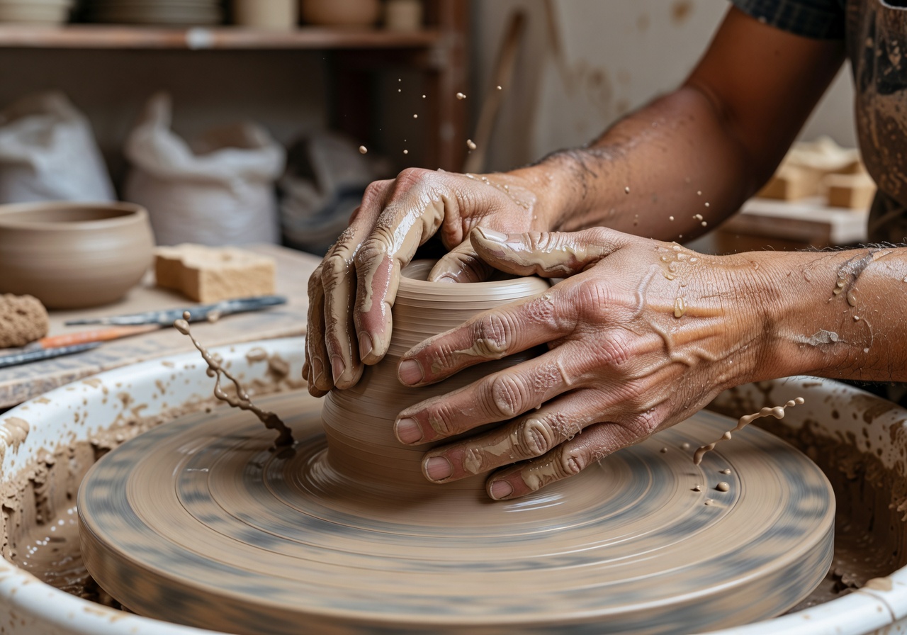 Close up of artisan hands molding clay on a pottery wheel