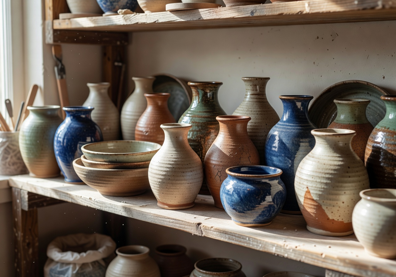 Hand-thrown ceramic vases and bowls on a studio shelf