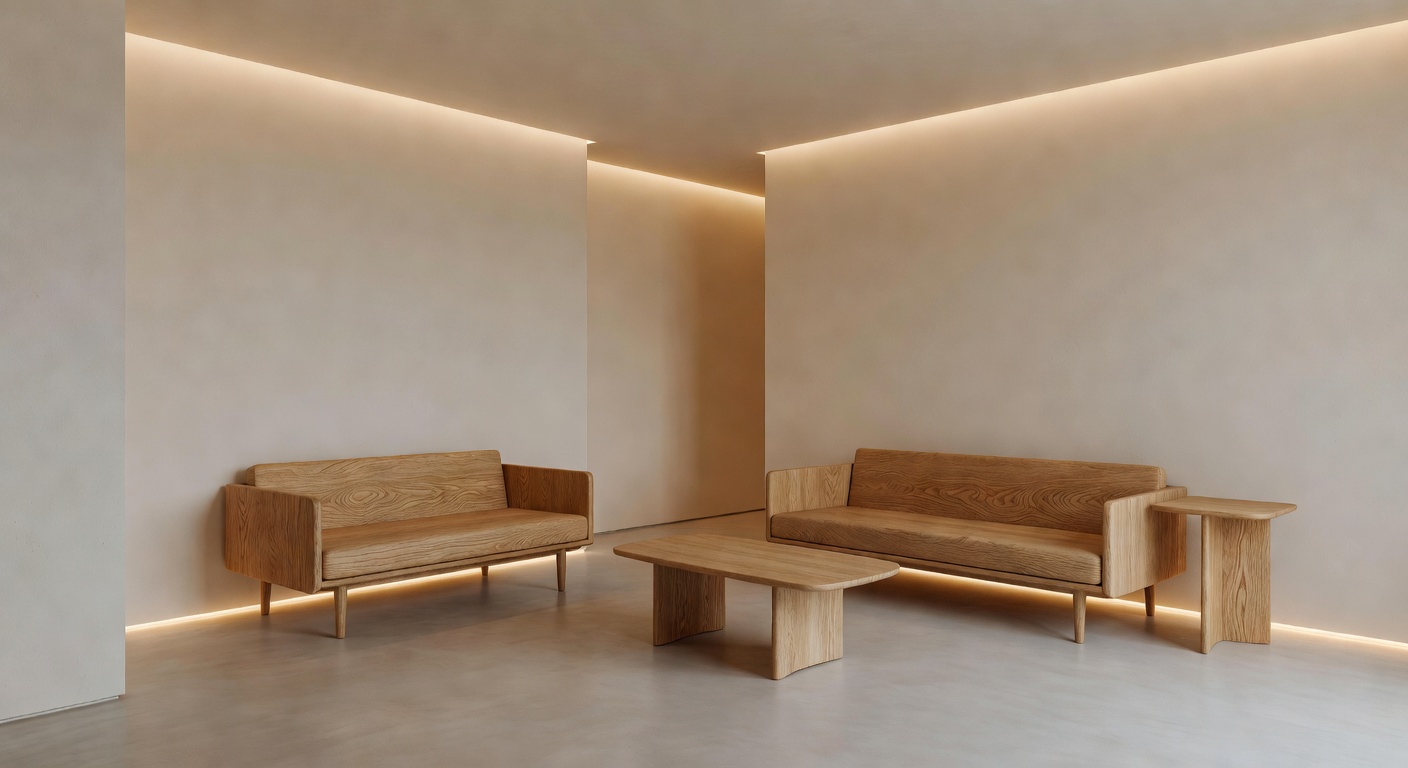 Minimalist interior space with warm lighting and natural wood furniture designed by Radar Team Hideot