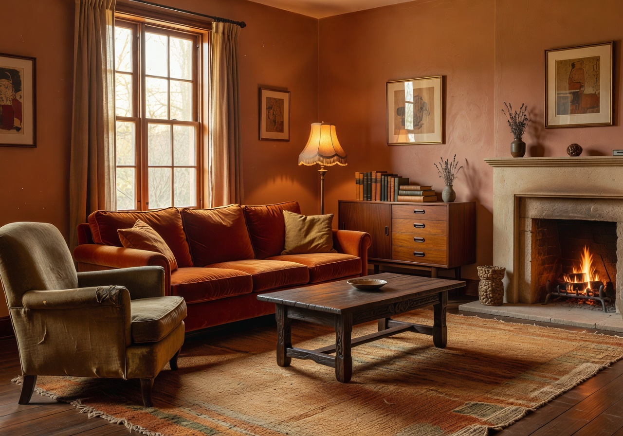 Warm living room featuring curated vintage and custom furniture